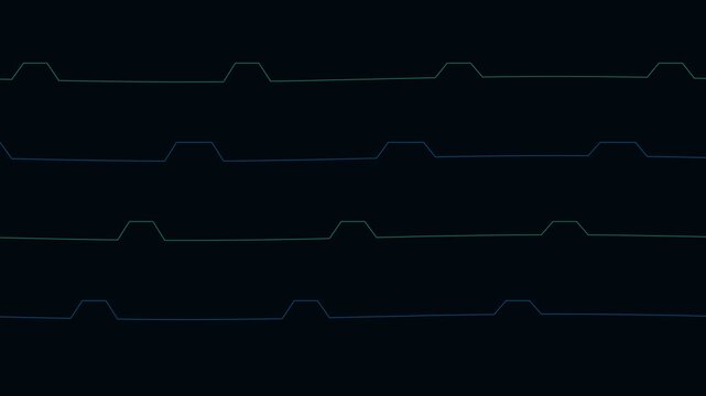 Abstract geometric pattern of glowing trapezoids on a dark black background