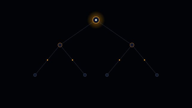 A minimalist binary tree structure with glowing nodes on a dark background