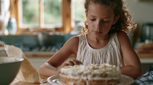 A girl with flour on her cheeks carefully pipes frosting onto a lopsided homemade birthday cake alone in a warm kitchen, referencing a crinkled recipe card propped against a