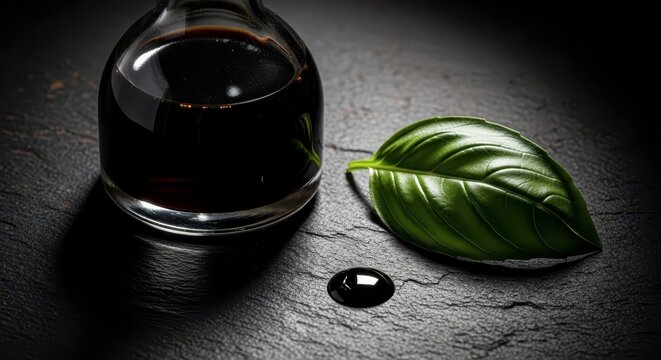 Bottle of oil with green leaf.