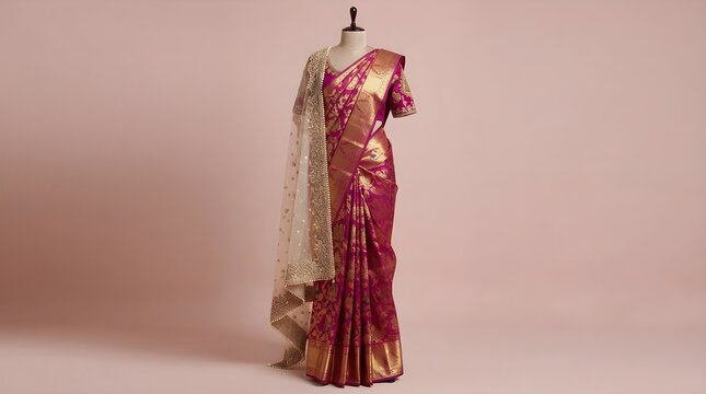 Elegant magenta silk saree featuring intricate gold embroidery and a delicate sheer dupatta displayed on a professional retail clothing mannequin