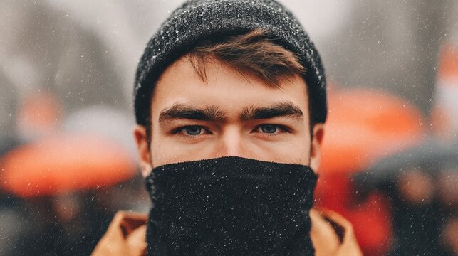 A powerful close-up of a determined protester with rain-speckled face and mask. Intense eyes pierce through dramatic low light amid a blurred crowd and umbrellas.