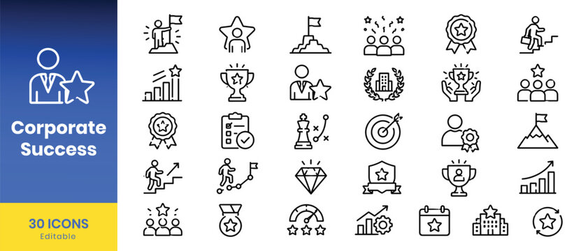 Corporate success icons with progress charts and award symbols on white background