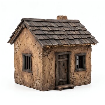 Charming rustic adobe house model with wooden roof and barred windows on white