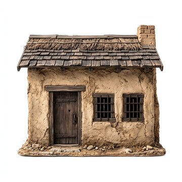 Detailed miniature model of an old rustic adobe house with wooden door and windows