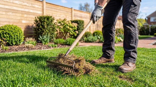 Gardener raking dry grass and thatch during lawn cleanup in a residential backyard on a sunny day.