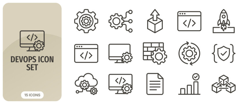 Devops icon set, collection of thin line icons for software development, cloud computing, continuous integration, deployment, and infrastructure management