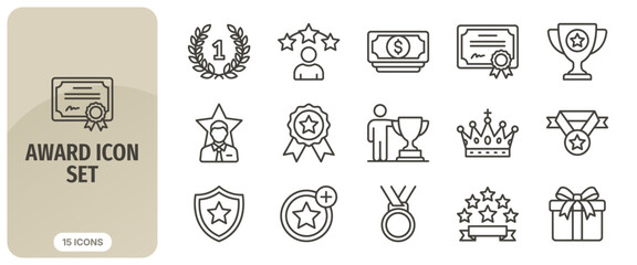 Fototapeta premium Award icon set, thin line style, collection of symbols for achievement, success, victory, prize, competition, trophy, medal, certificate, crown, star rating, gift, vector illustration