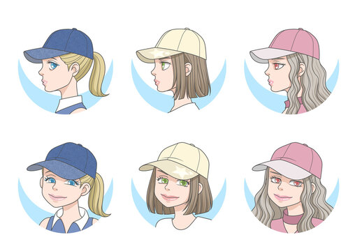 Women Wearing Baseball Caps &ndash; Front and Side Portrait Illustration Set