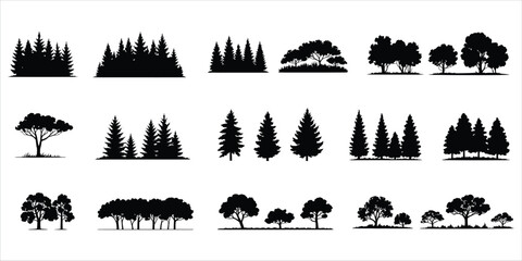 Set of black tree silhouettes, various forest landscapes, coniferous and deciduous trees, isolated on a white background © MdRayhan