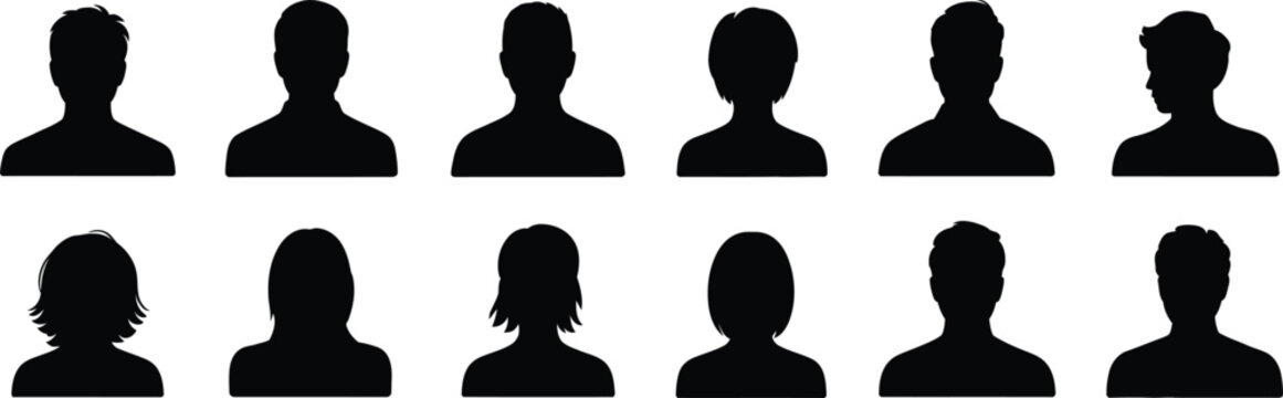 Set of black head silhouettes, diverse user avatars, profile for social media, isolated on a white background