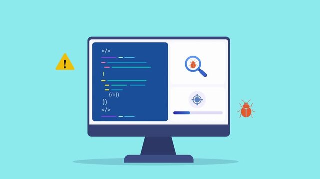 Modern flat vector animation of an AI code security dashboard on a desktop monitor with source code editor, vulnerability scan, security alert, and programming interface. Ideal for cybersecurity, soft