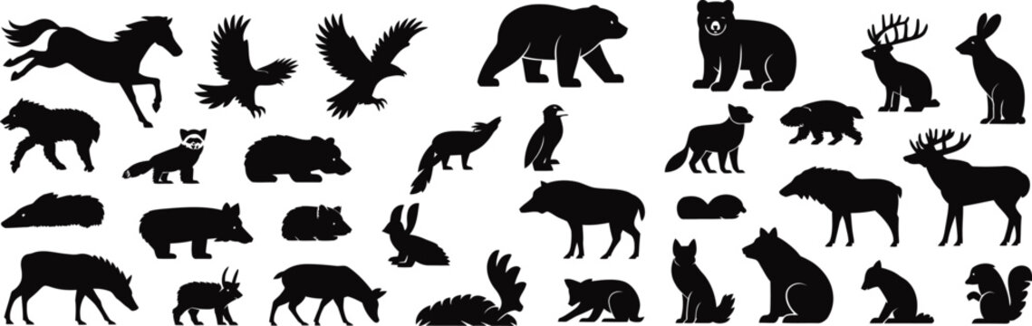 Assorted collection of wild animal silhouettes including bears, birds, deer, horses, and rabbits on a white background