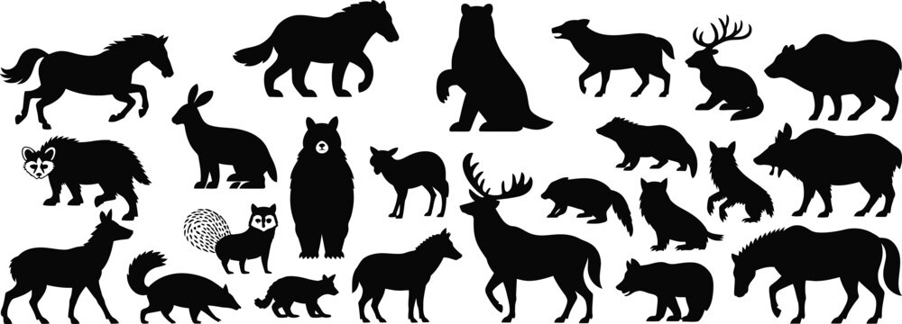 Collection of various wild animal silhouettes including bears, deer, horses, and wolves on a plain white background set