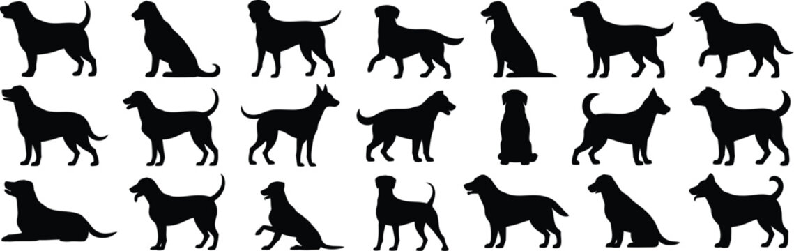 Large collection of black dog silhouettes in different breeds and poses isolated on a plain white background set