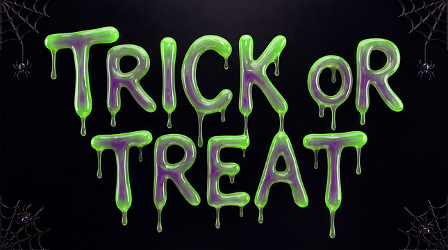 halloween trick or treat spooky green slime dripping text on dark background