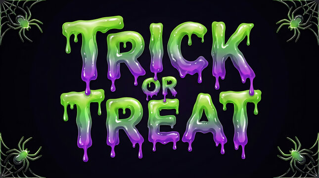 Halloween Trick Or Treat Slime Text With Spiders On Black Background