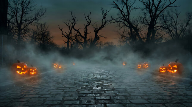 Halloween spooky night landscape with glowing jack o lantern pumpkins on cobblestone street in fog