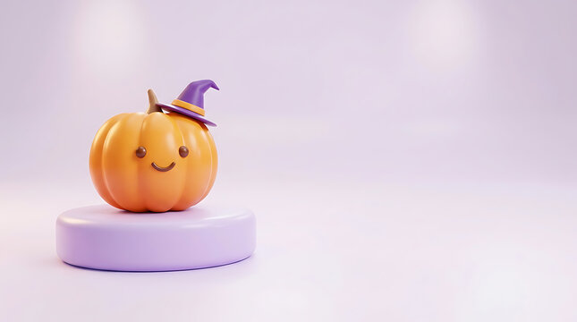 Halloween Cute Smiling Pumpkin Character On Purple Podium 3D Render Illustration
