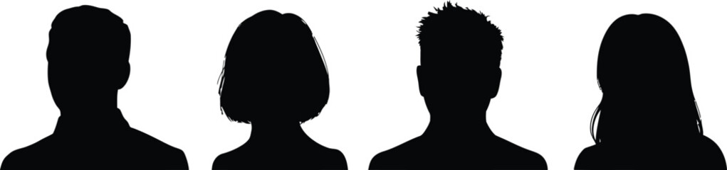 Set of four human head silhouettes, black profile portraits of men and women isolated on a plain white background © MdRayhan