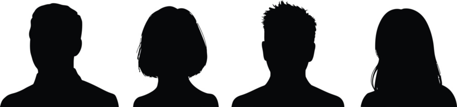 Set of four human head silhouettes, black profile portraits of men and women isolated on a plain white background