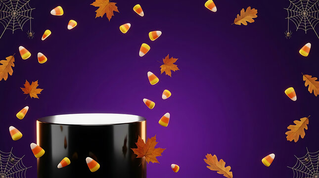 Halloween Candy Corn And Autumn Leaves Falling On Purple Background With Empty Podium