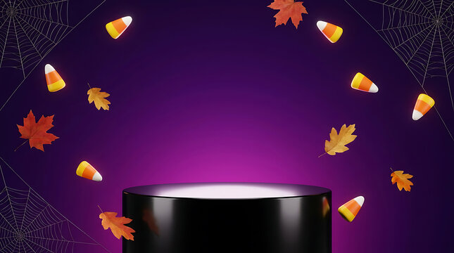 Halloween Candy Corn And Autumn Leaves Floating On Purple Background With Podium