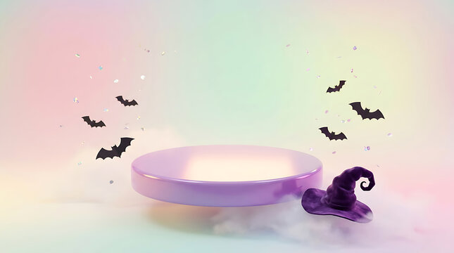 Halloween spooky purple podium with flying bats and witch hat on misty background