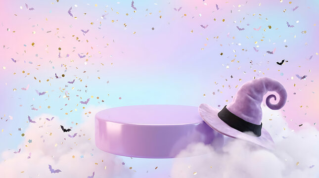 halloween witch hat on purple podium with magical clouds and flying bats background
