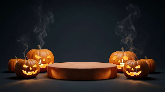 halloween carved pumpkins with smoke and empty podium for product display background