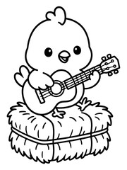 Fototapeta premium Cute chick playing guitar on hay bale: A charming cartoon chick playing an acoustic guitar while sitting on a hay bale, exuding a joyful and musical vibe.