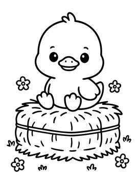 Cute Duckling Coloring Page: A charming illustration of a baby duck sitting on a hay bale, surrounded by small flowers, ready for coloring.