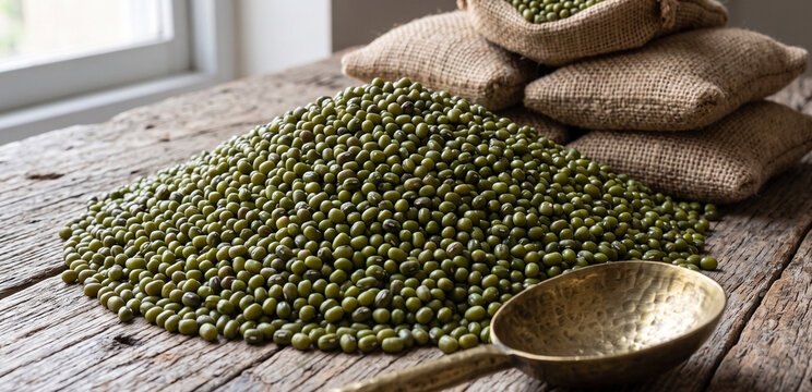 Heap of raw mung beans or moong dal on rustic wooden table.