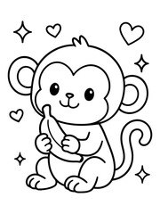 Obraz premium Cute Monkey with Banana Coloring Page: A delightful cartoon monkey, ready for coloring, holds a banana with a sweet expression, surrounded by stars and hearts.