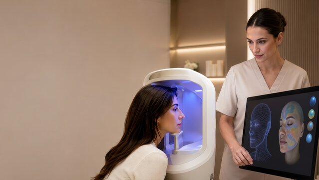 Woman analyzing facial skin using advanced digital imaging technology in modern skincare clinic