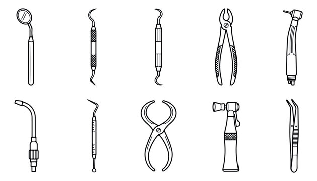 Dental tools line icon set, professional dentistry equipment vector collection, 10 medical stomatology instruments for clinic infographics
