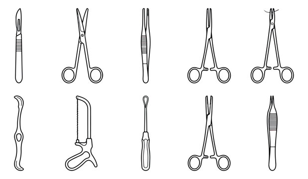 Surgical instruments vector set, medical steel tools for surgery and anatomy, 10 black and white outline icons of scalpel, scissors and forceps