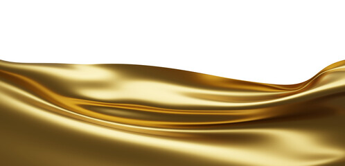 Fototapeta premium Luxury gold silk fabric waving isolated on transparent background with copy space 3D render