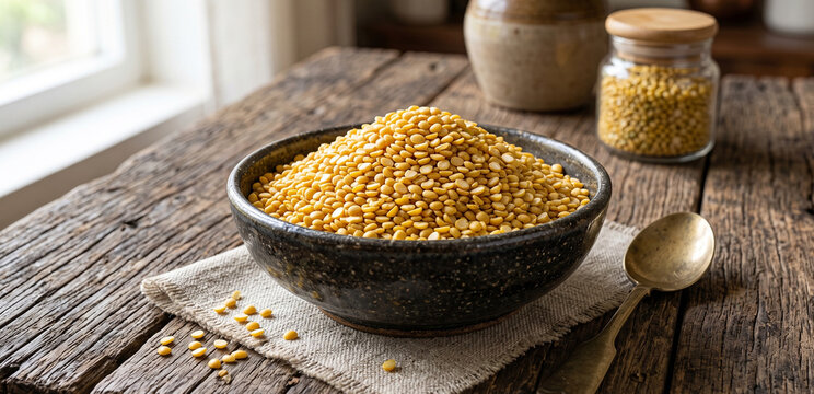 Heap of raw mung beans or moong dal on rustic wooden table.