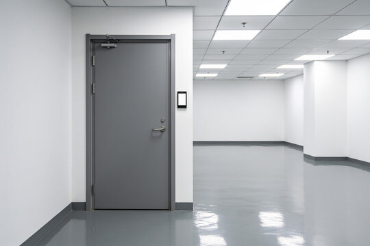 Modern empty hallway with gray door and polished concrete floor