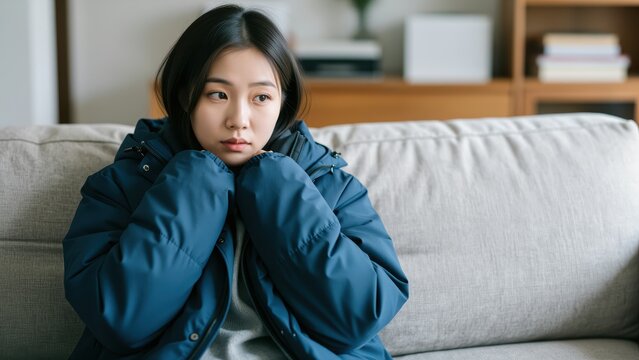 Chilly Solitude: A young woman bundled in a winter jacket sits on a couch, her expression conveying a sense of cold and loneliness as she embraces herself.