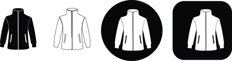 Set of four fleece jacket with collar, including solid black, outline, white on black circle, and white on black square © SilhouetteStore