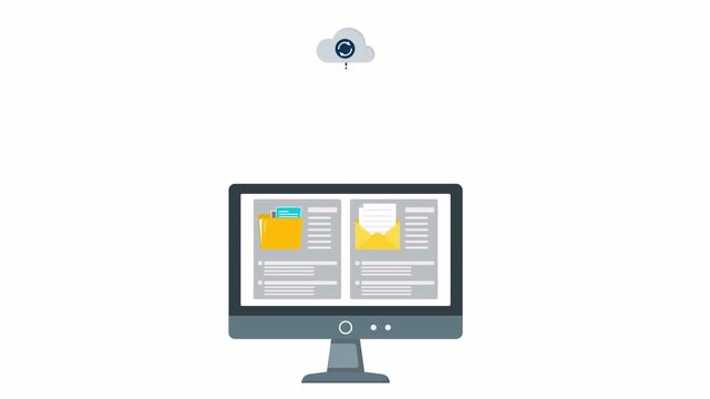 Animation of secure cloud data sync. Desktop monitor connected to server and cloud with shield and gear icons for safe data transfer, system protection, network security and digital workflow concept.