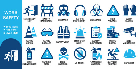 Work safety solid icon set with industrial hazard protection. Vector illustration of realistic emergency flat symbol, construction, warning sign, helmet, vest, mask, boots, equipment template. © Iconsetpro