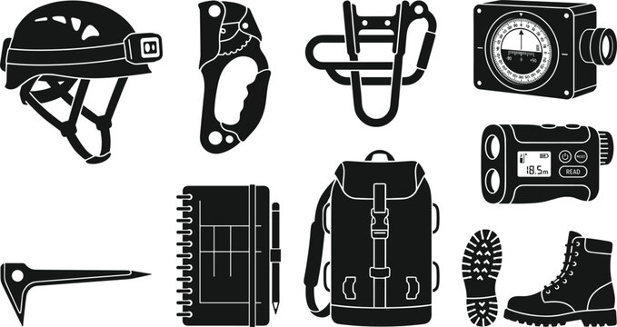 Professional Mountaineering and Rock Climbing Gear Icon Set with Safety Helmet Backpack Boots Carabiner and Exploration Tools