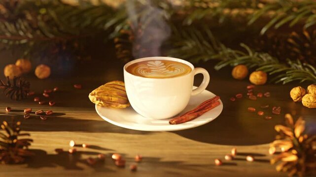 Hot cup of cappuccino with elegant latte art steaming on a rustic wooden table with cinnamon