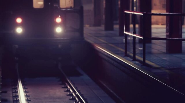 A subway train moves towards the platform in an underground station during nighttime. The lights of the train shine brightly as it gets closer to the waiting area.