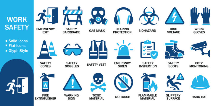 Work safety solid icon set with industrial hazard protection. Vector illustration of realistic emergency flat symbol, construction, warning sign, helmet, vest, mask, boots, equipment template.
