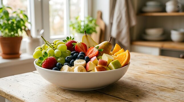 Fresh fruit salad in a white bowl on a wooden kitchen table