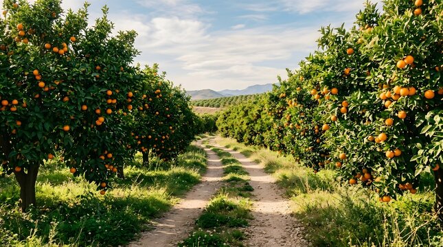 Orange grove with lush green trees and dirt pathway on a sunny day